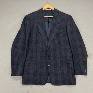 Vintage 90s Mens Navy Grey Check Blazer Sport Coat Two Button 44R Made in France